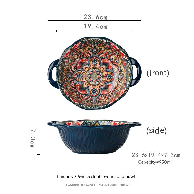 Ceramic Hand-Painted Flower Pattern Noodle Bowl with Double Handles - 950ML