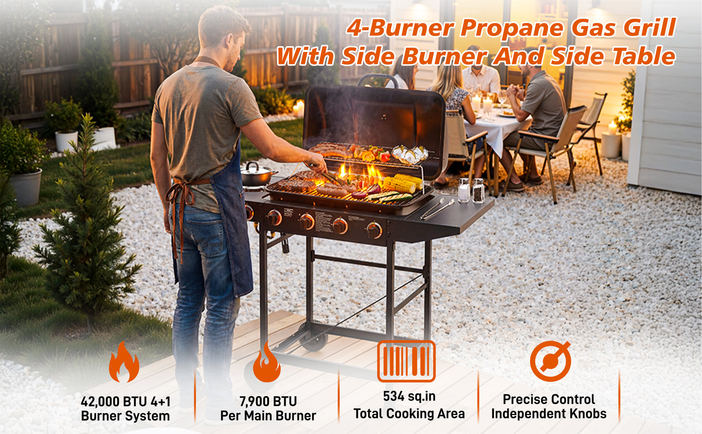 4 Burner Propane Gas Grill with Side Burner - Black