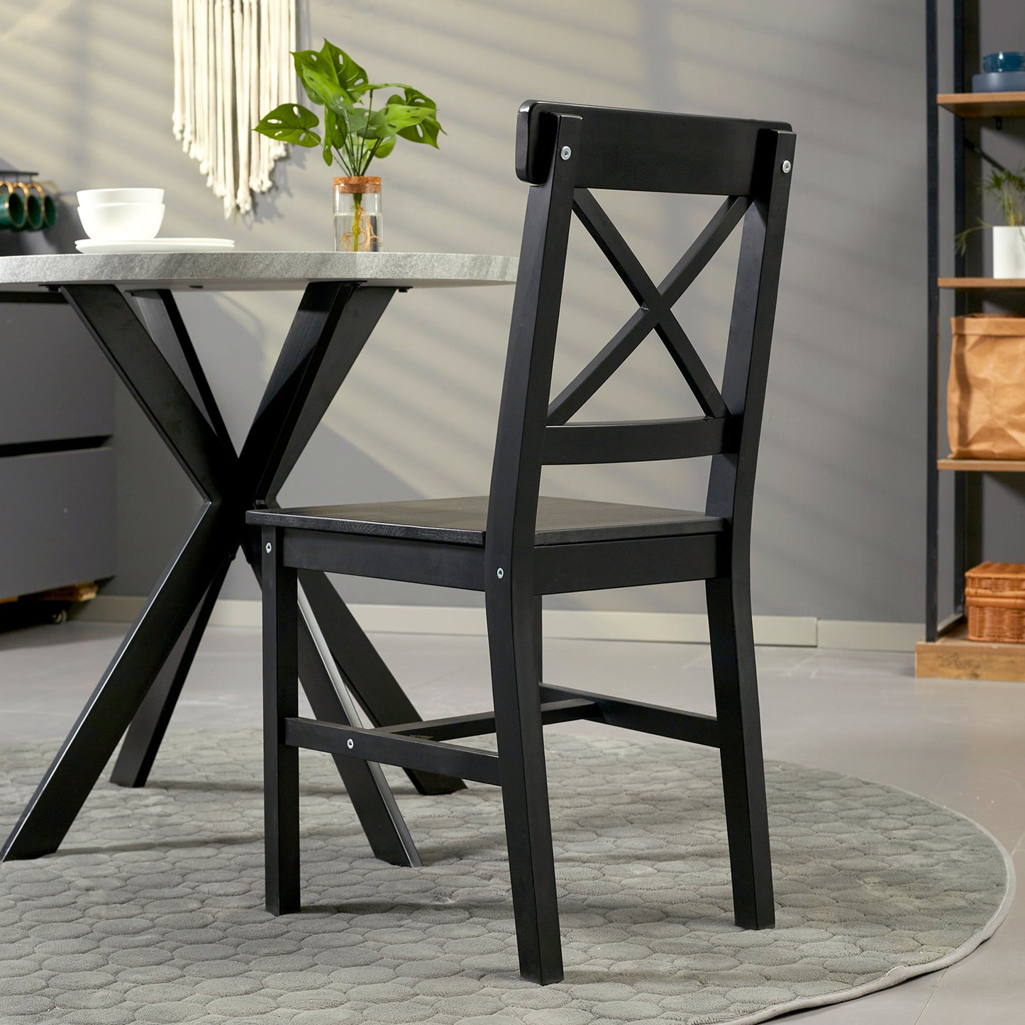 Farmhouse Dining Chairs Set of 2 with Cross Back Design - Black