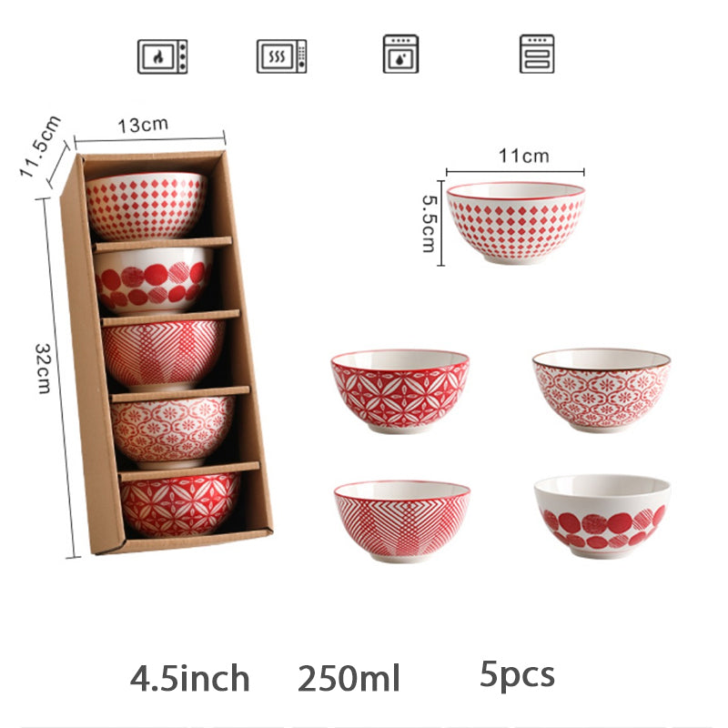 Ceramic Bowl Set 5pcs - 4.5 Inch Porcelain Dinnerware in Blue or Red