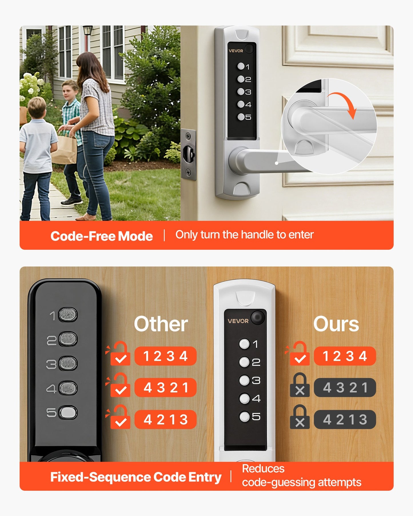 Mechanical Keyless Door Lock - 5-Digit Combination, No Batteries, Indoor & Outdoor Use - Black