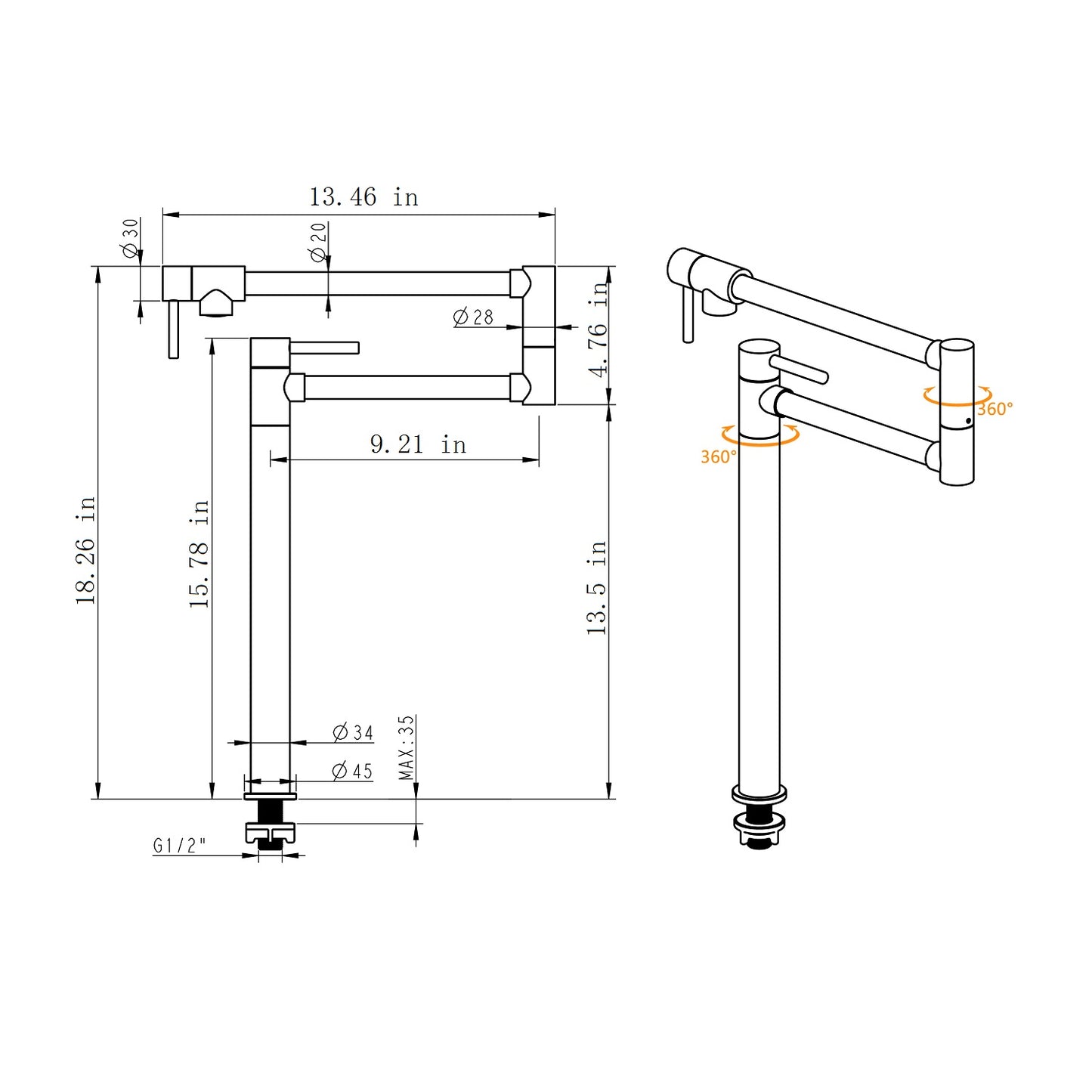 Folding Kitchen Faucet with Pot Filler and Extended Handle
