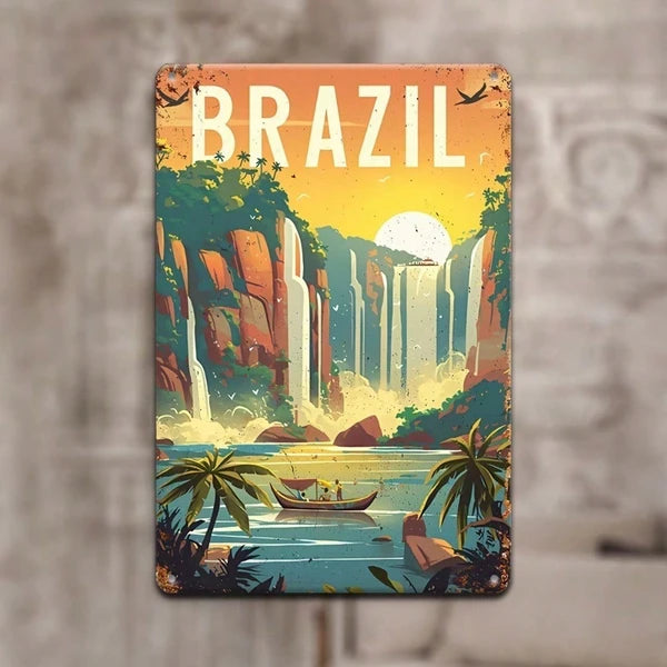 Vintage Iguazu Falls Metal Sign - Retro Brazilian Wall Art