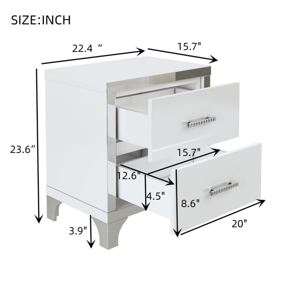 Elegant Mirrored Nightstand with 2 Drawers - White