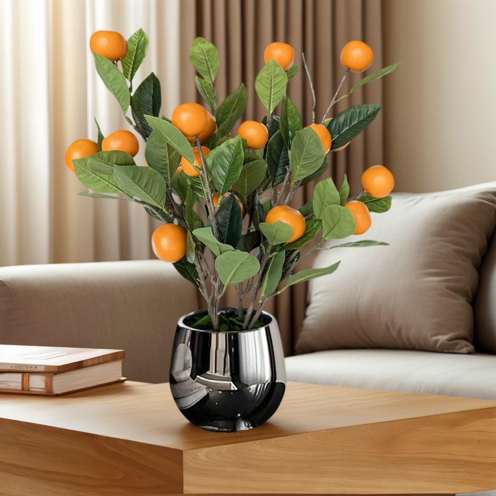 Artificial Orange Tree with Silver Planter - Faux Fruit Decor
