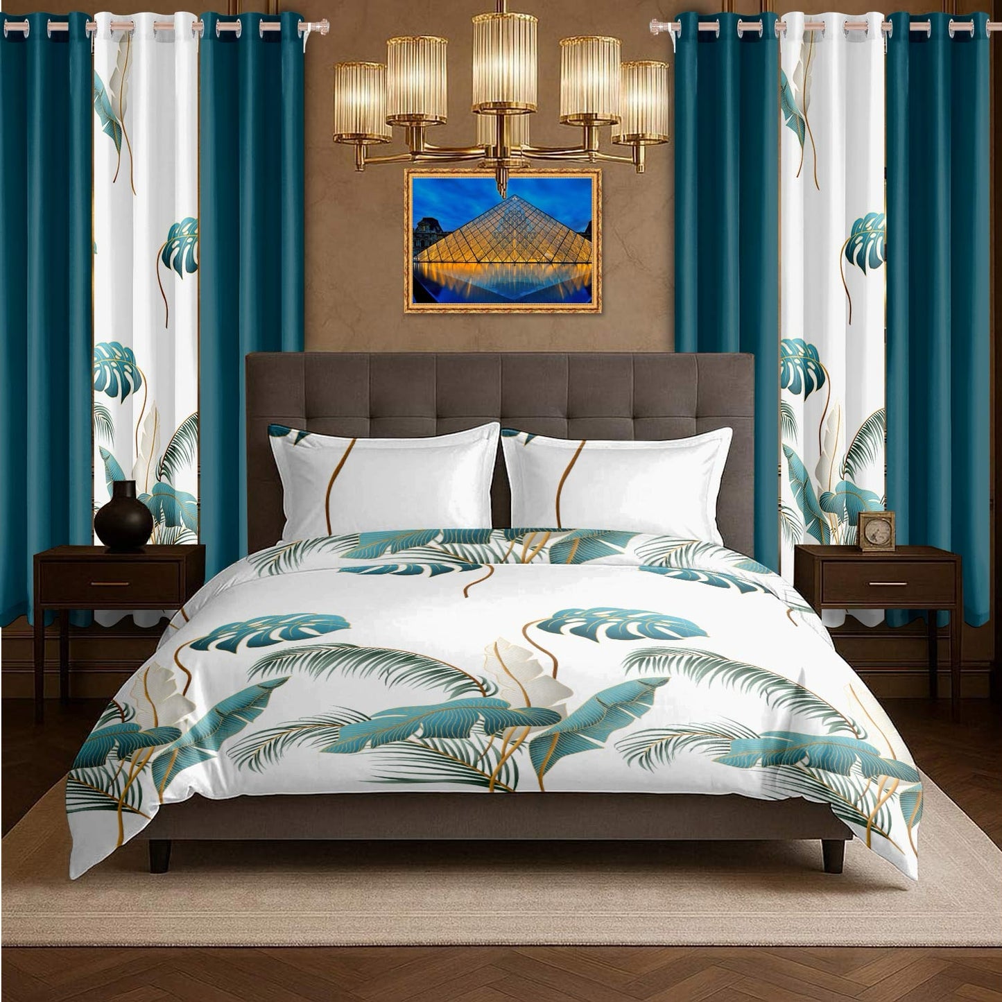 Tropical Palm Leaf Quilt Set with 6 Curtains - Teal Botanical Decor