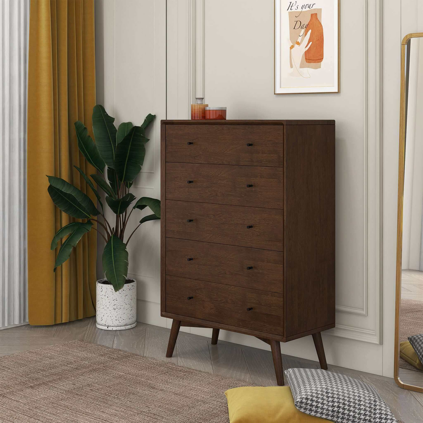 Caroline Mid Century Modern 5-Drawer Solid Wood Dresser In Dark Brown