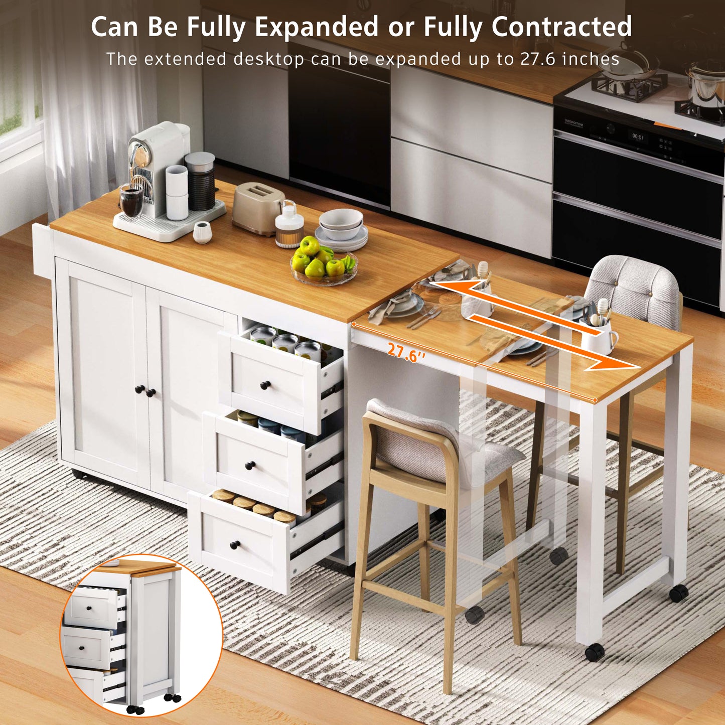 K&K 74.8 Kitchen Island With Extendable Dining Table, Storage Cart 3