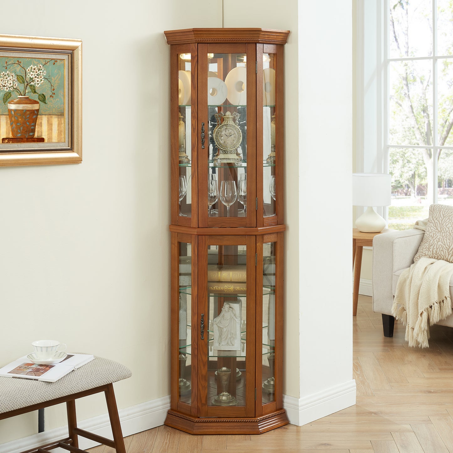 Corner Curio Cabinet Lighted Display, Glass Display Shelf Shelving