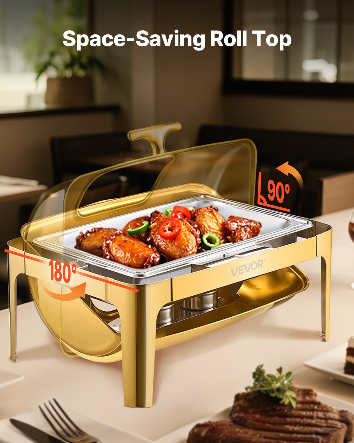 9Qt Stainless Steel Roll Top Chafing Dish Set - Gold Finish
