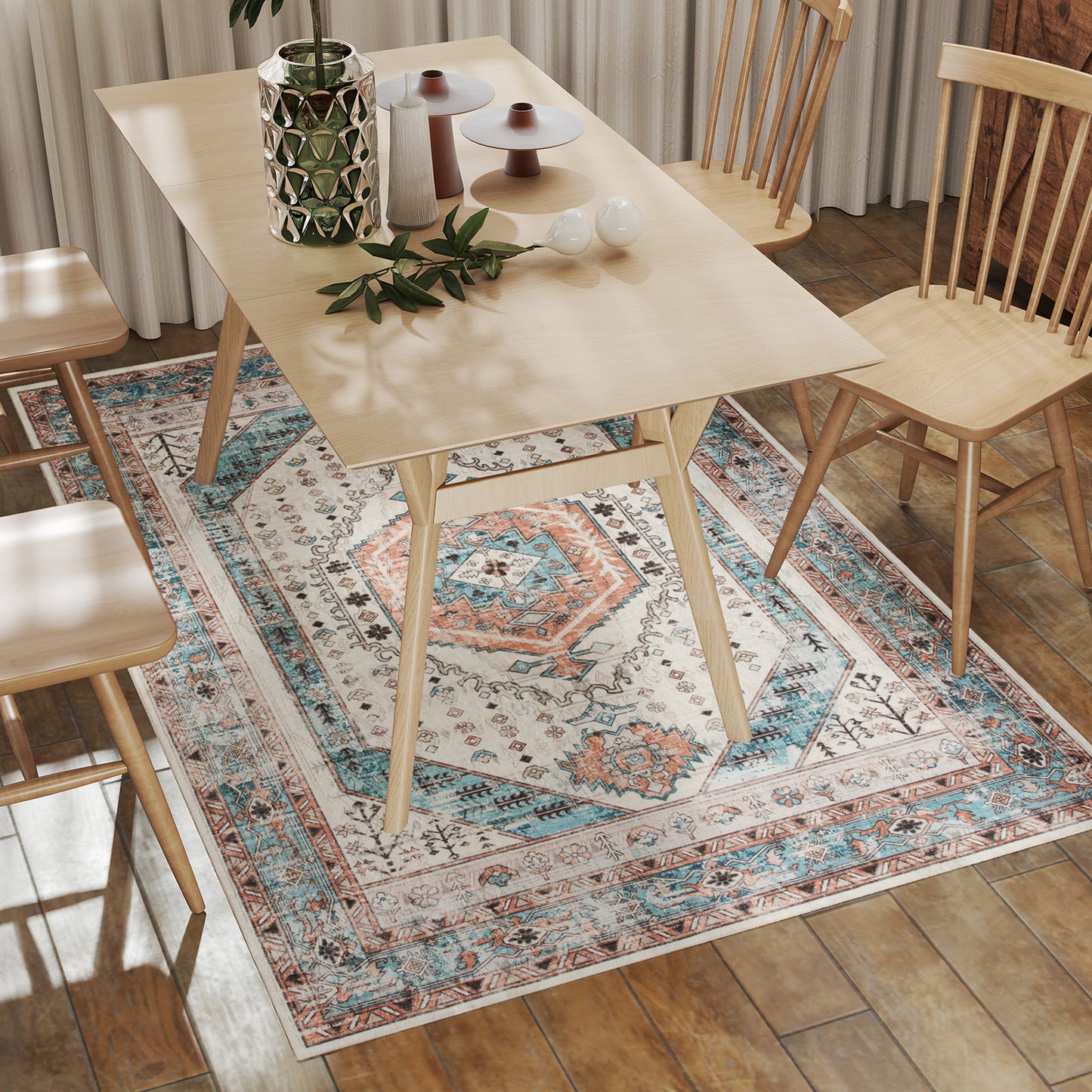 Vintage 4x6 Area Rug - Machine Washable, Non-Slip Carpet for Living Room & Bedroom - Brown & Blue