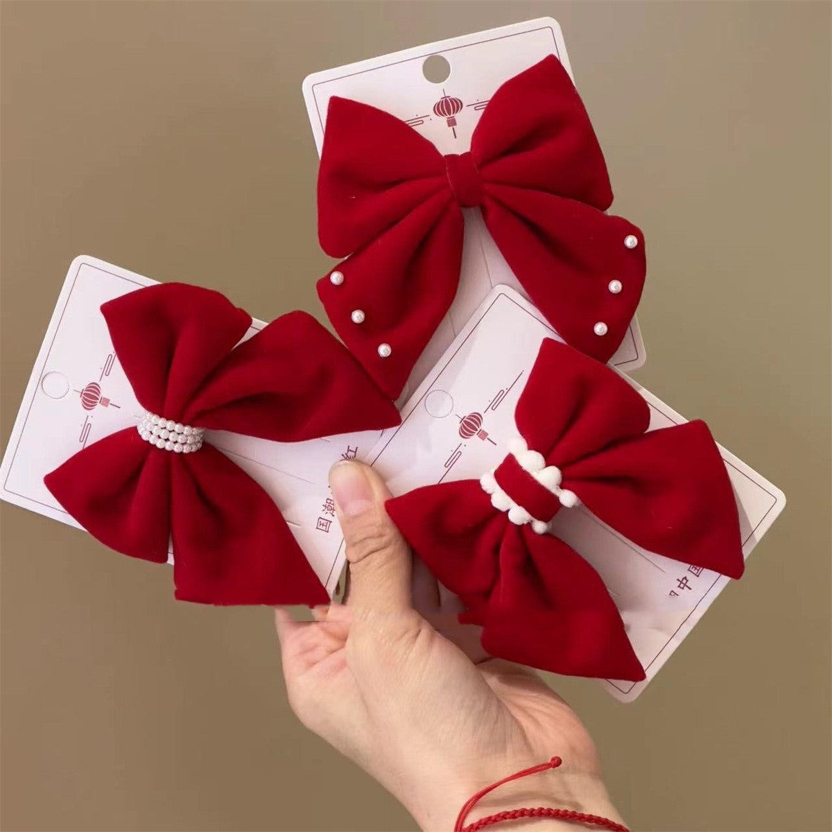 Red Bow Hair Clips for Girls - Flocking Hair Accessories with Pearl Detail