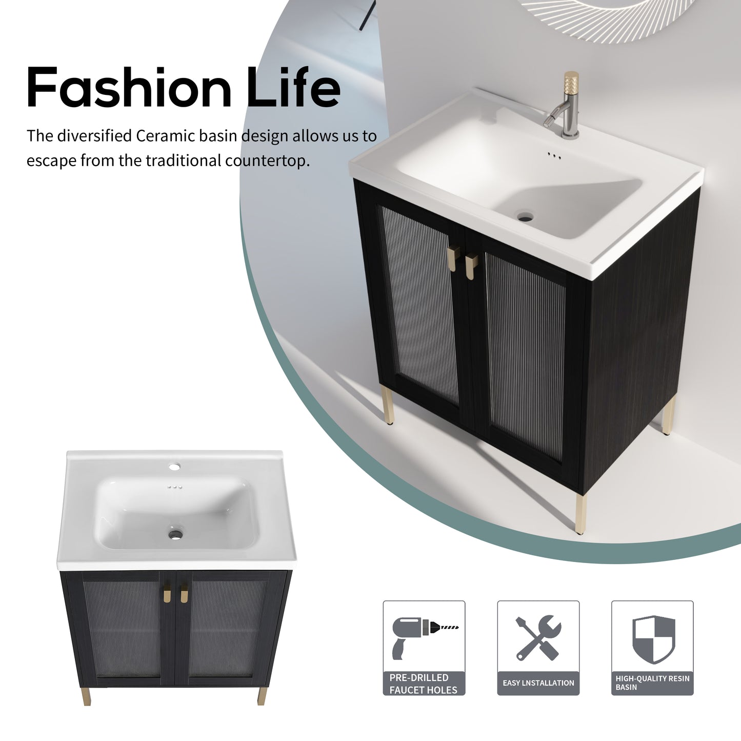 28 Inch Freestanding Bathroom Vanity Plywood With Ceramic Sink, Soft