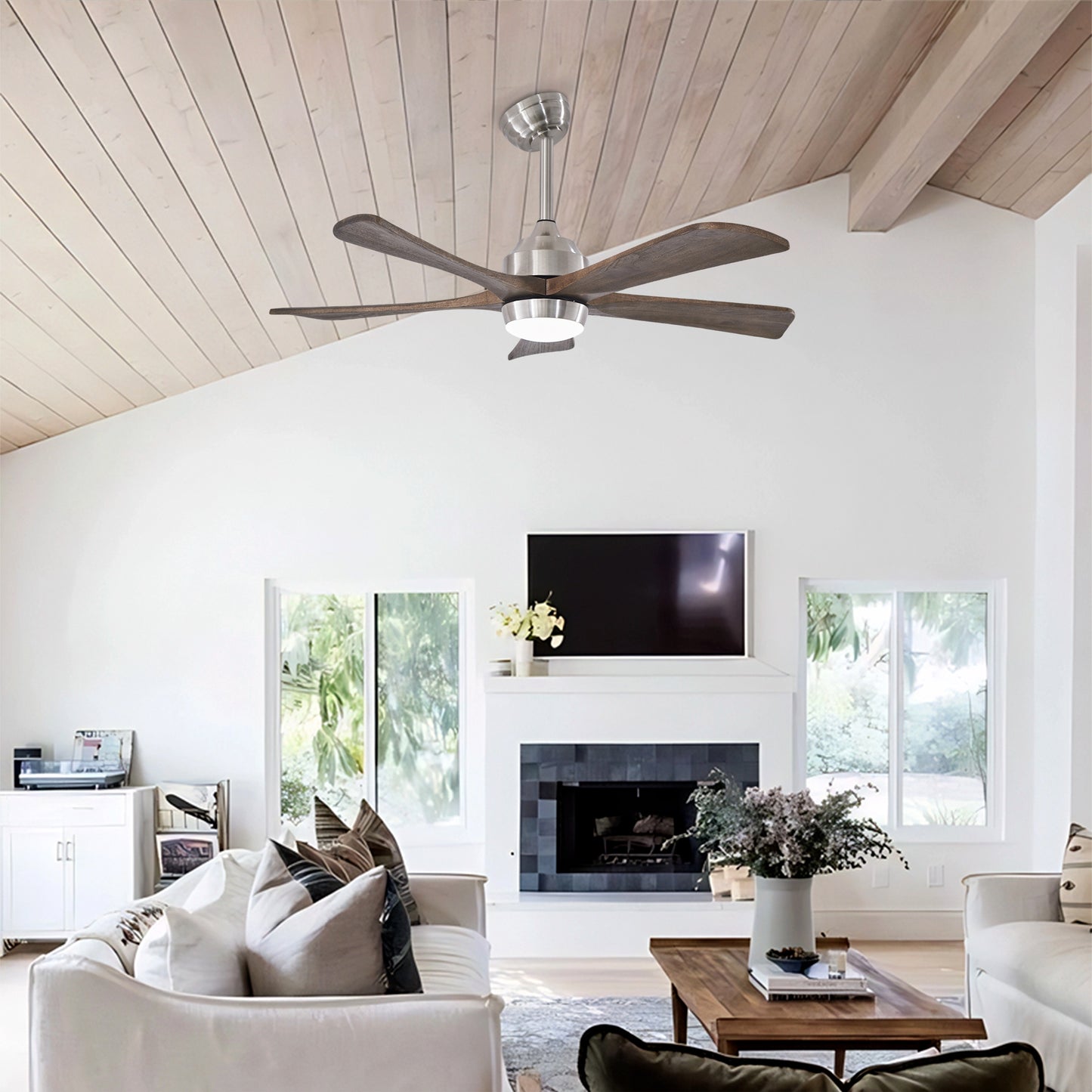 42" Solid Wood Blade Ceiling Fan with Lights & Remote Control - Nickel