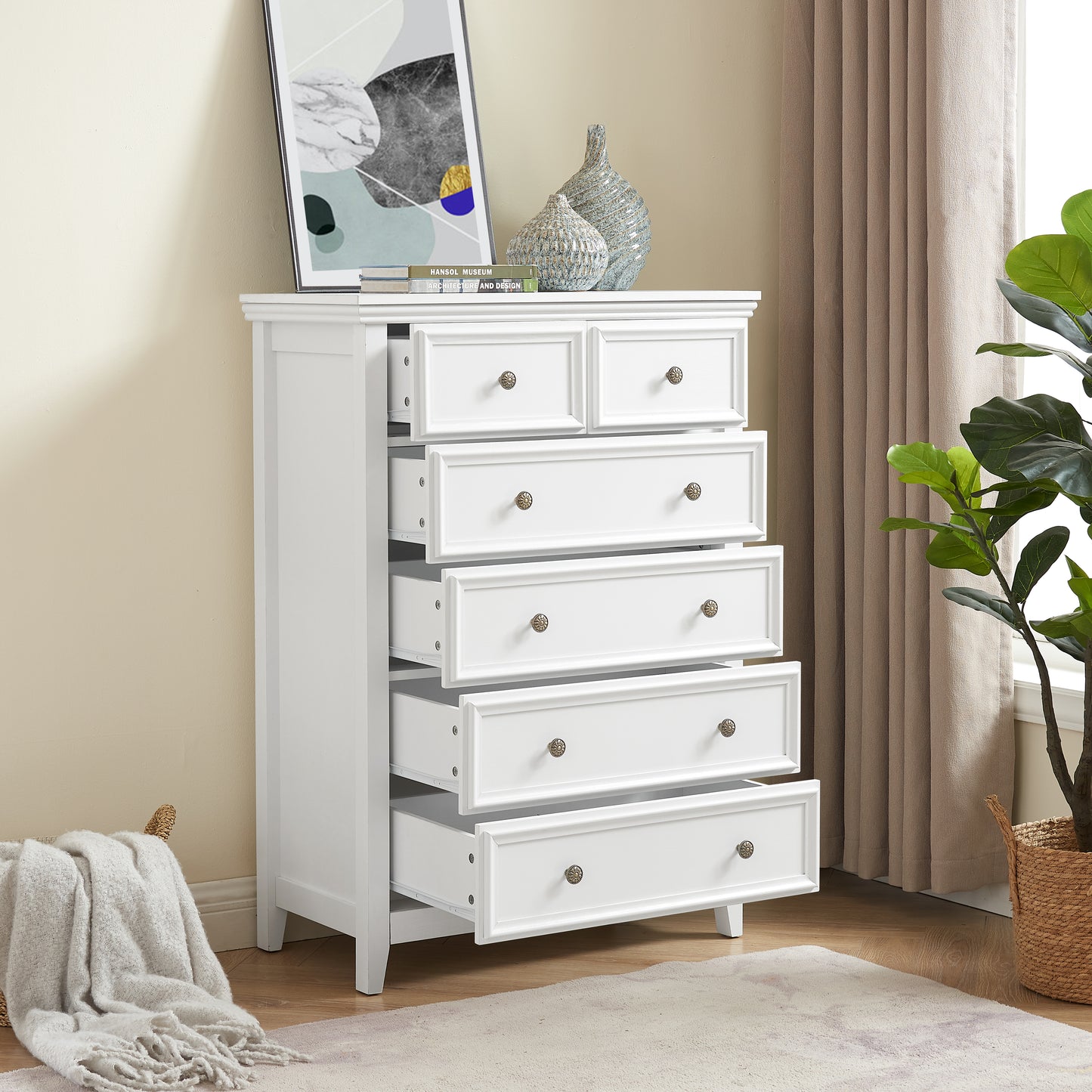 Modern 6-Drawer Dresser - White Chest of Drawers for Storage