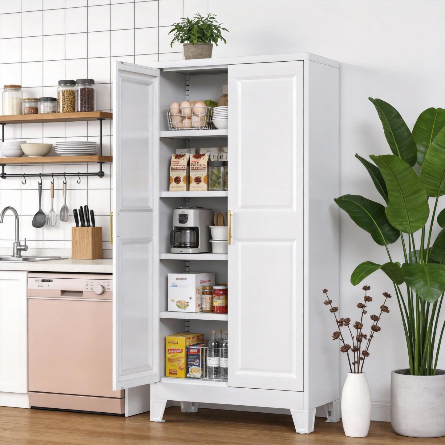 Metal Kitchen Pantry Cabinet with Adjustable Shelves - White