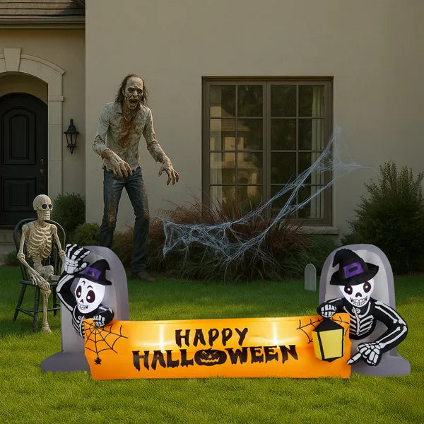 9.6FT Inflatable Skeleton Tombstone Banner with LED Lights