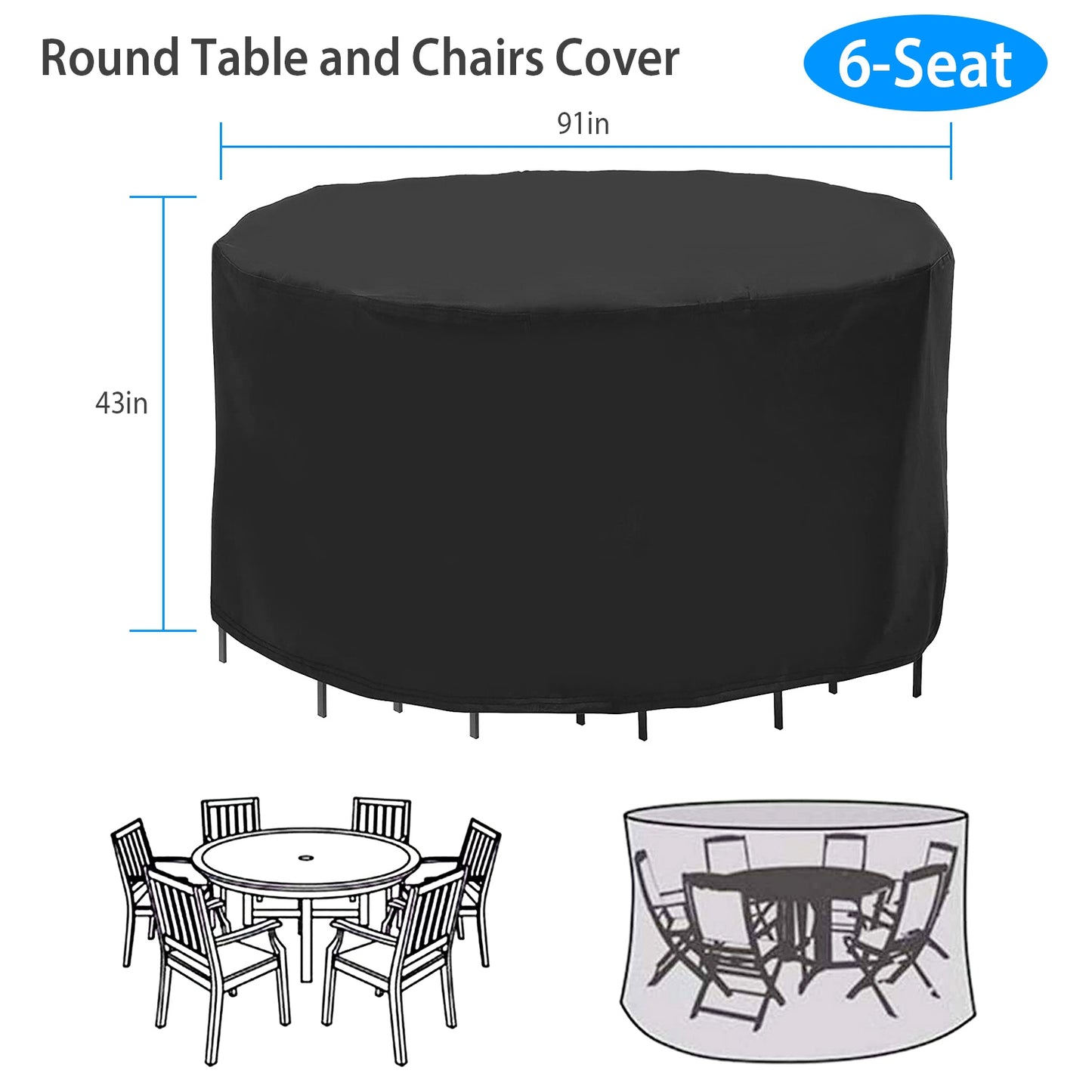 Waterproof Round Furniture Cover for Small Patio Table and Chairs - 4 or 6 Seat Options