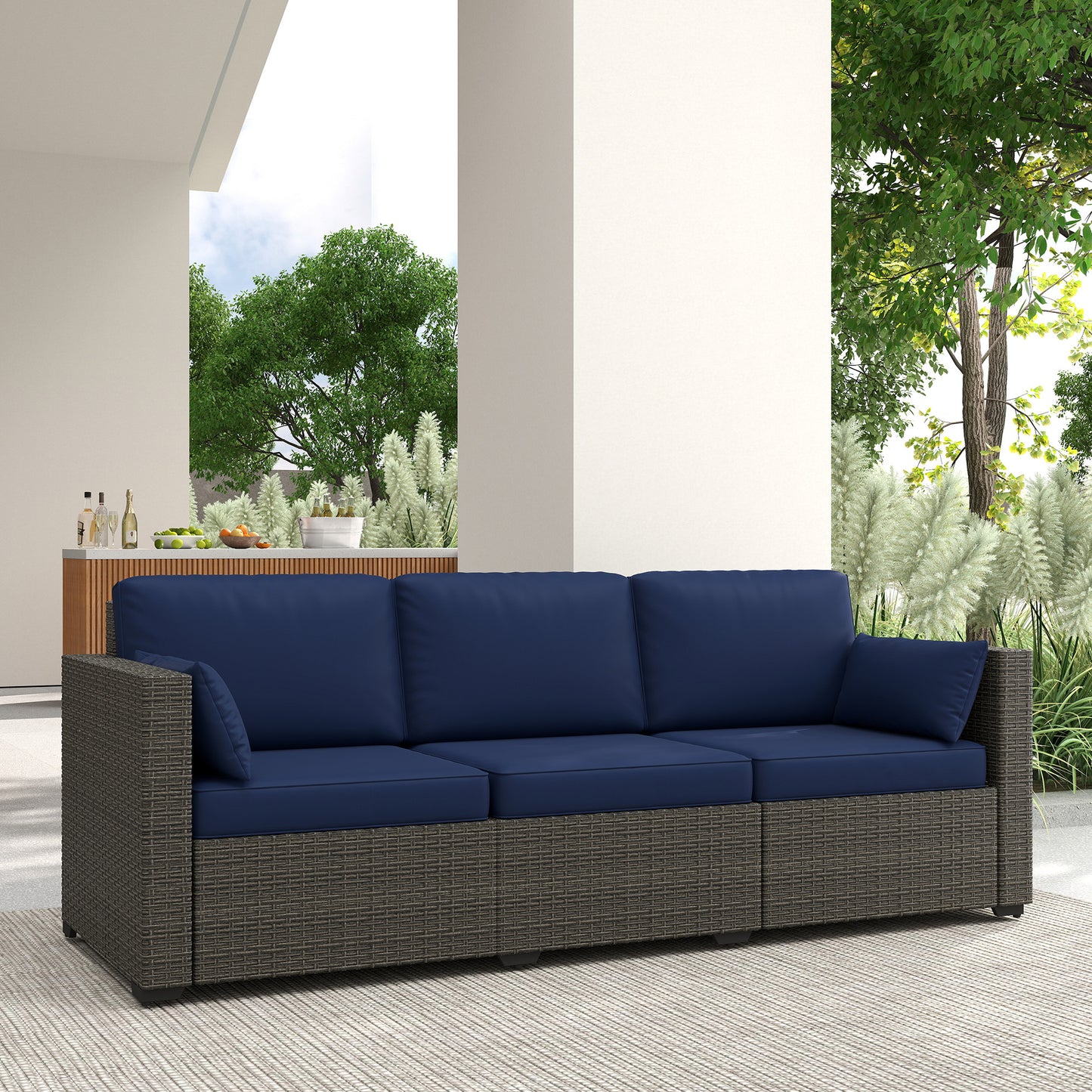 3-Seater Rattan Outdoor Sofa with Removable Cushions - Navy Blue
