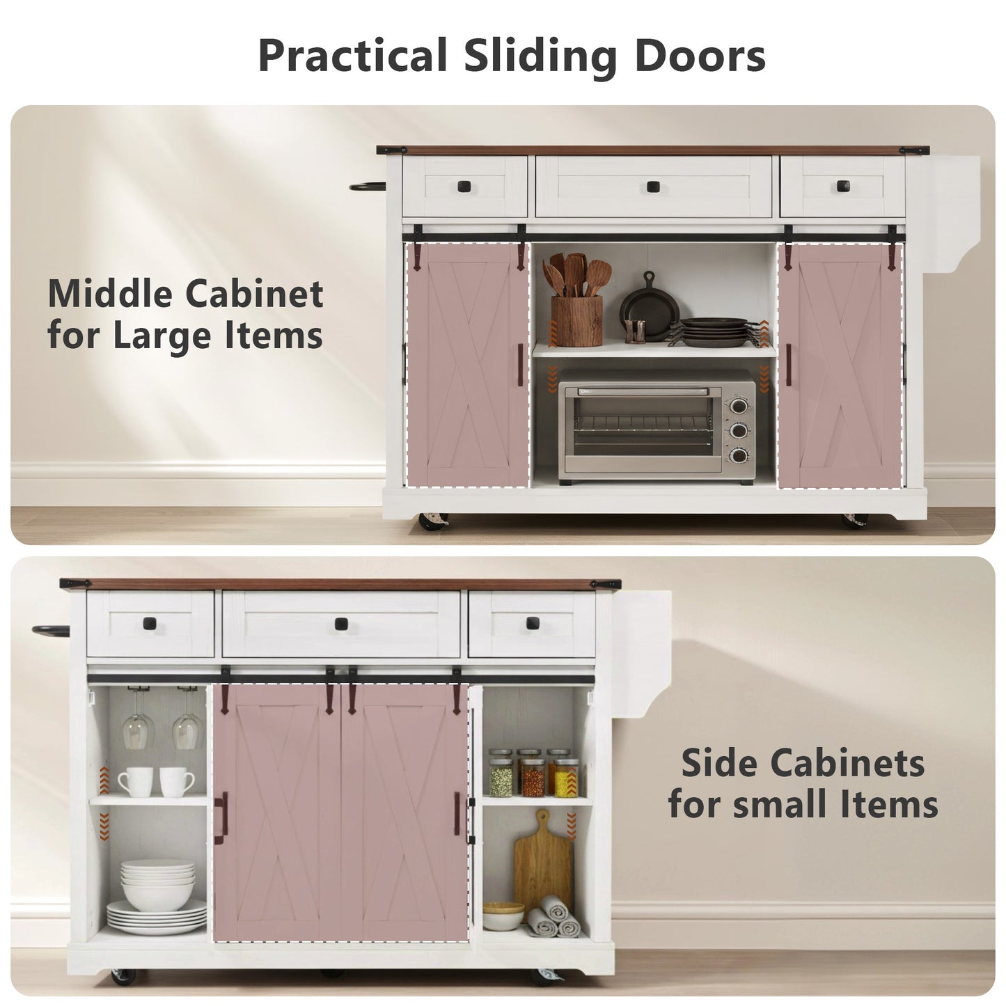K&K 58 Farmhouse Kitchen Island With Storage,Sliding Barn Door &