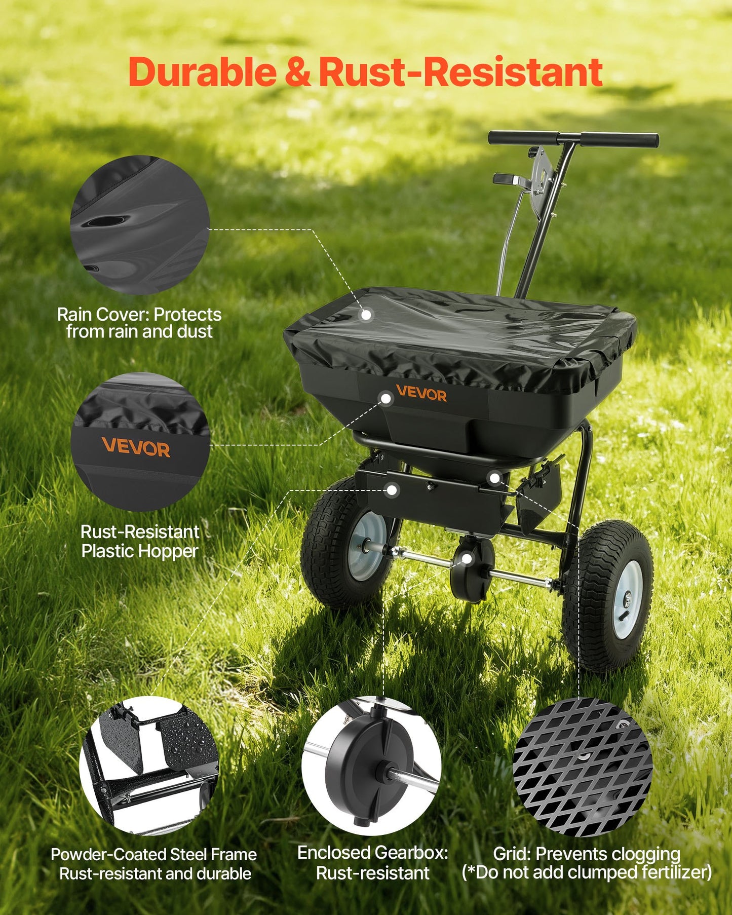 Walk-Behind Lawn Spreader with 12ft Broadcast Width and 130lb Hopper