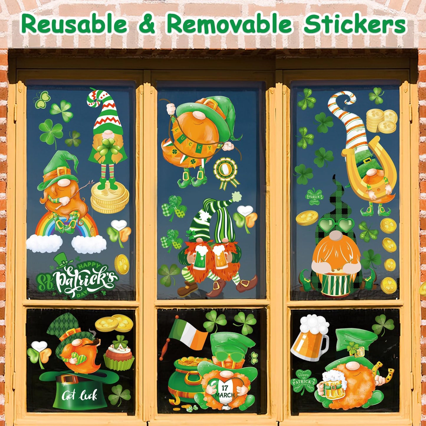 St. Patrick's Day Gnome Window Decals - 9 Sheets of Reusable Clings