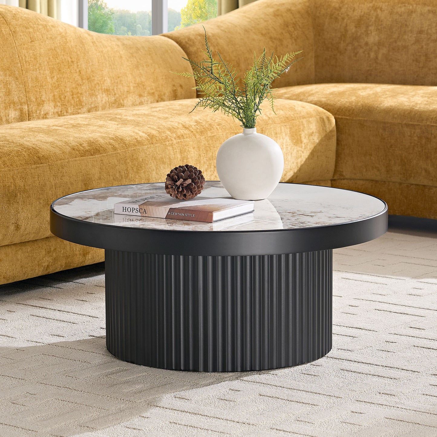 Set of 2 Round Coffee Tables with Sintered Stone Top - Black