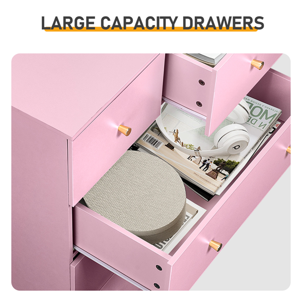 6-Drawer Dresser with Gold Handles - Modern Pink Cabinet