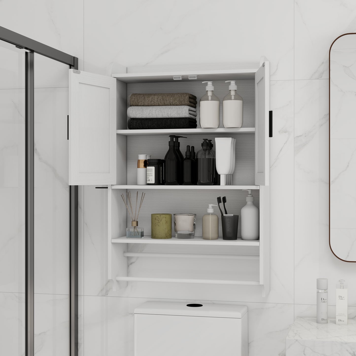 Bathroom Wall Cabinet with Doors, Adjustable Shelf & Towel Bar - White