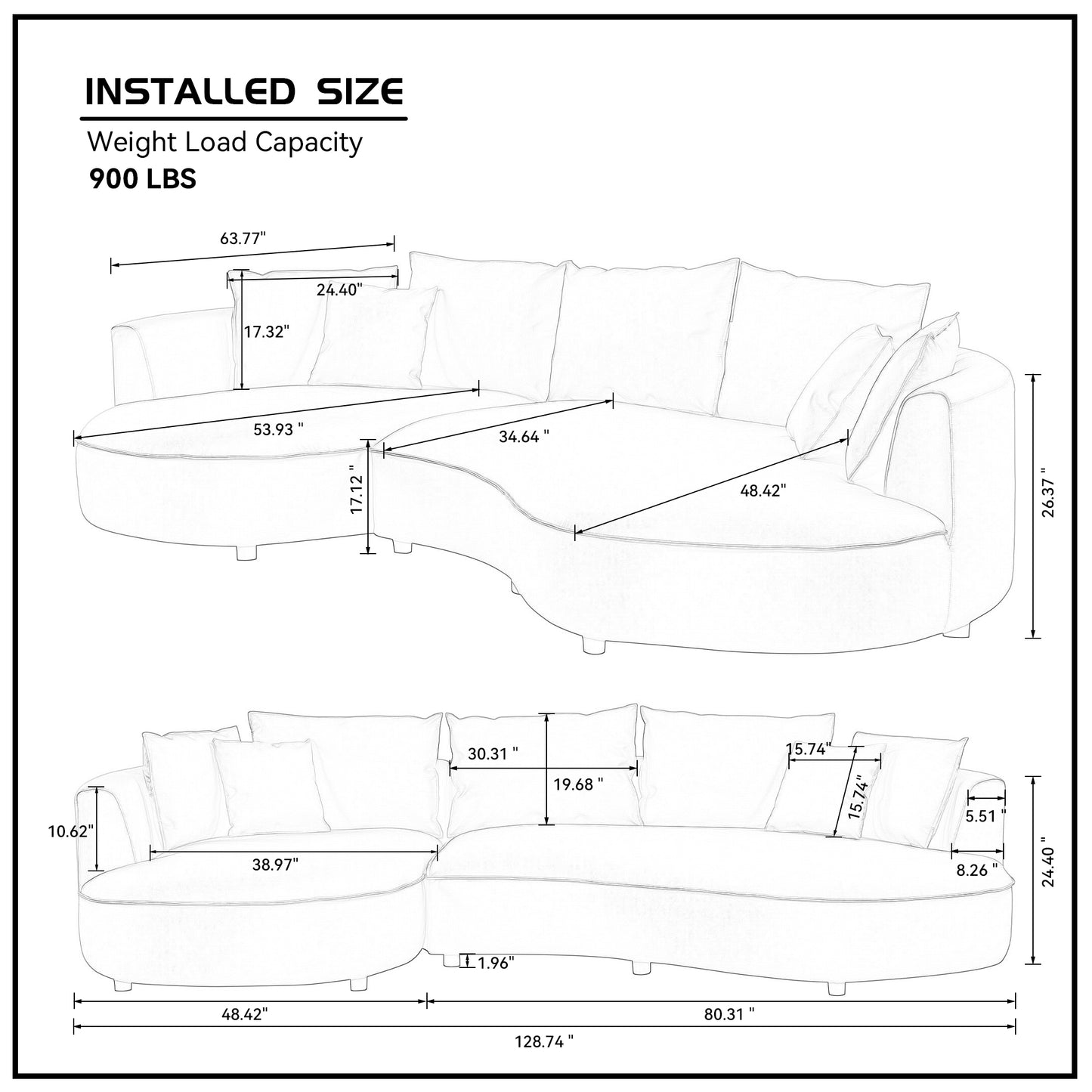 Curved 5-Seat Sofa Couch in Orange Eco-Leather for Living Room