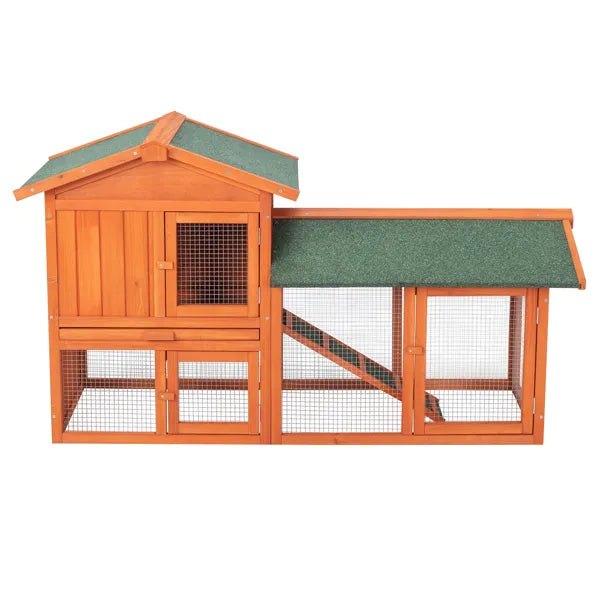 Large Wooden Rabbit Hutch with Green Roof, Removable Tray & Locking Doors
