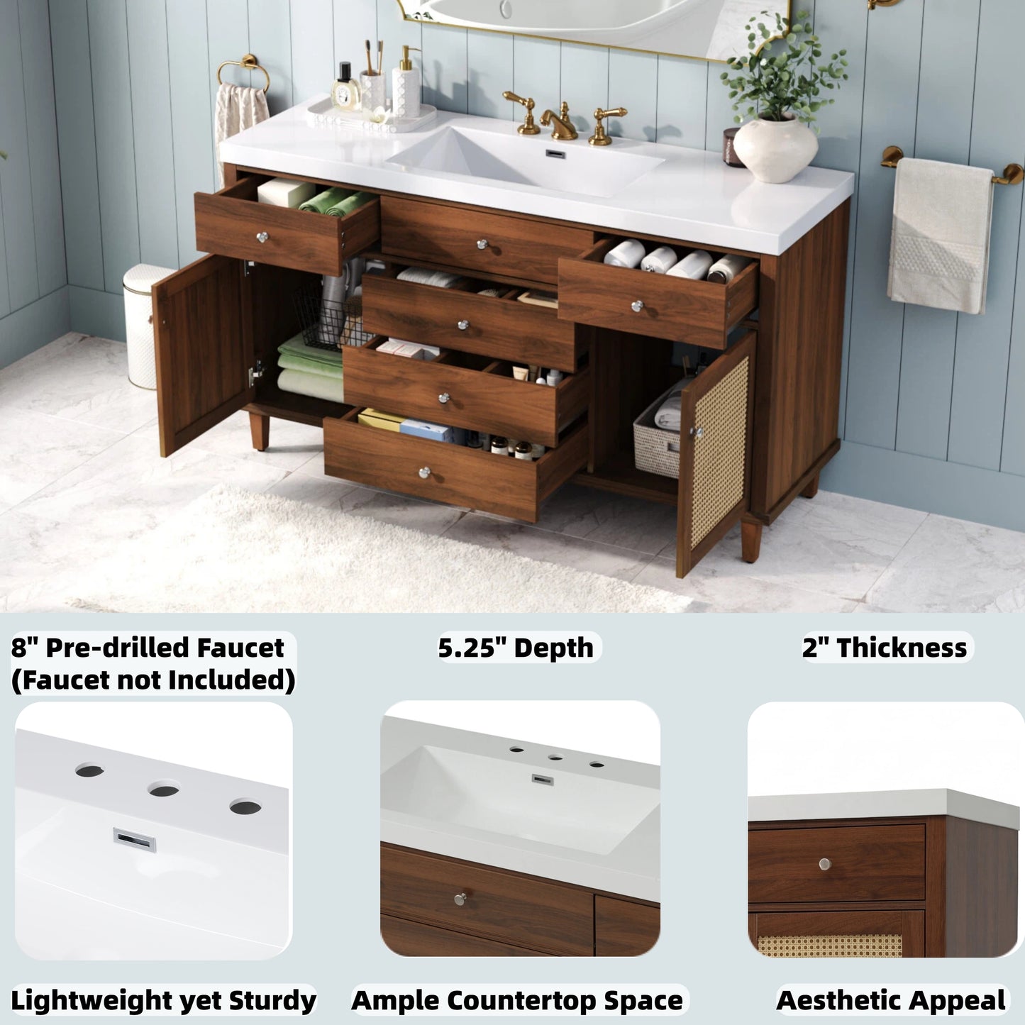 60" Bathroom Vanity with SMC Sink & Rattan Doors - Brown