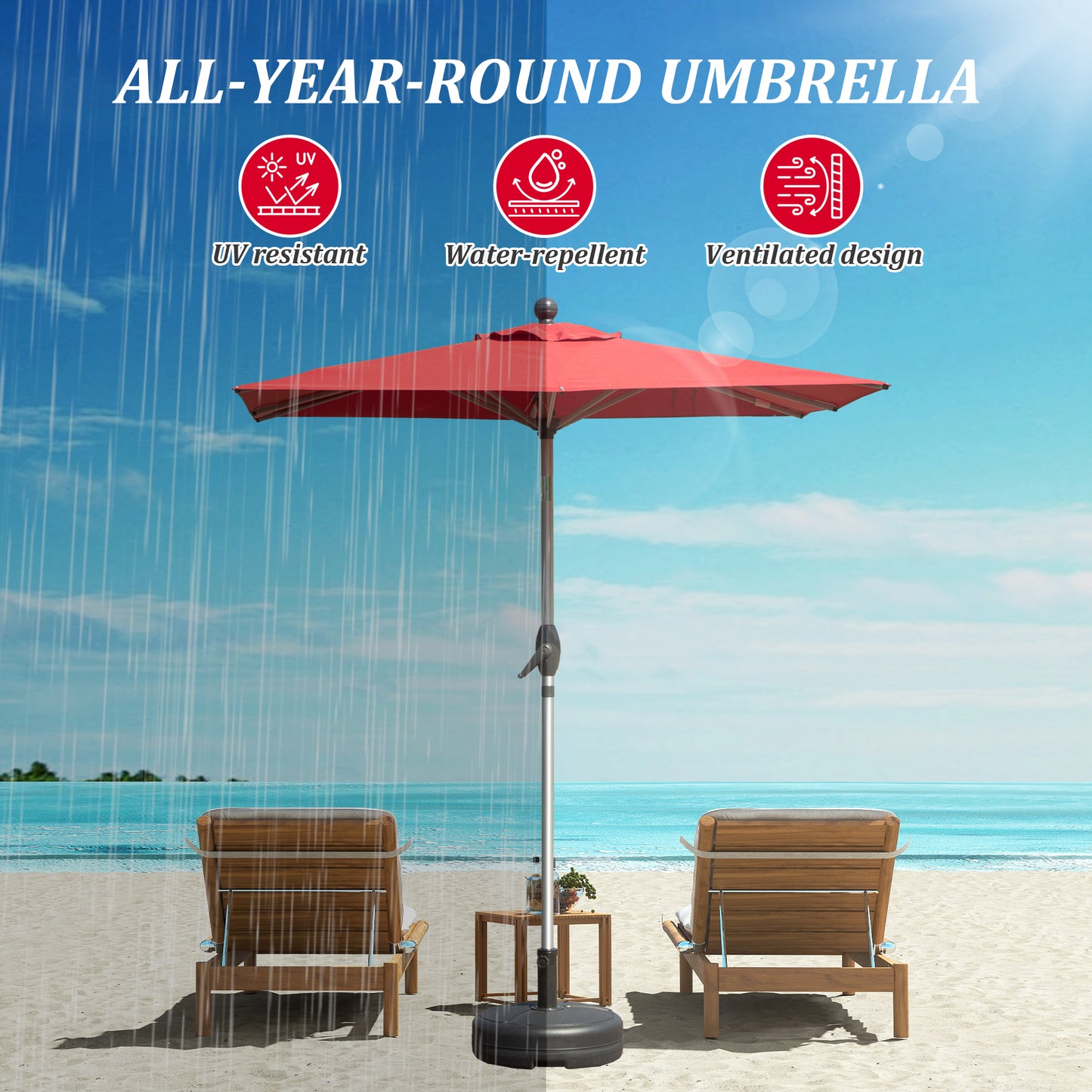Rectangle Patio Umbrella With Crank Lift And Tilt Function, Brick Red