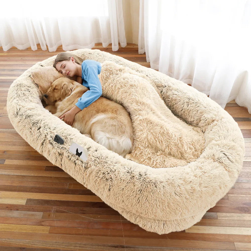 Large Human Dog Bed with Faux Fur Cover, Orthopedic Napping Pillow & Blanket