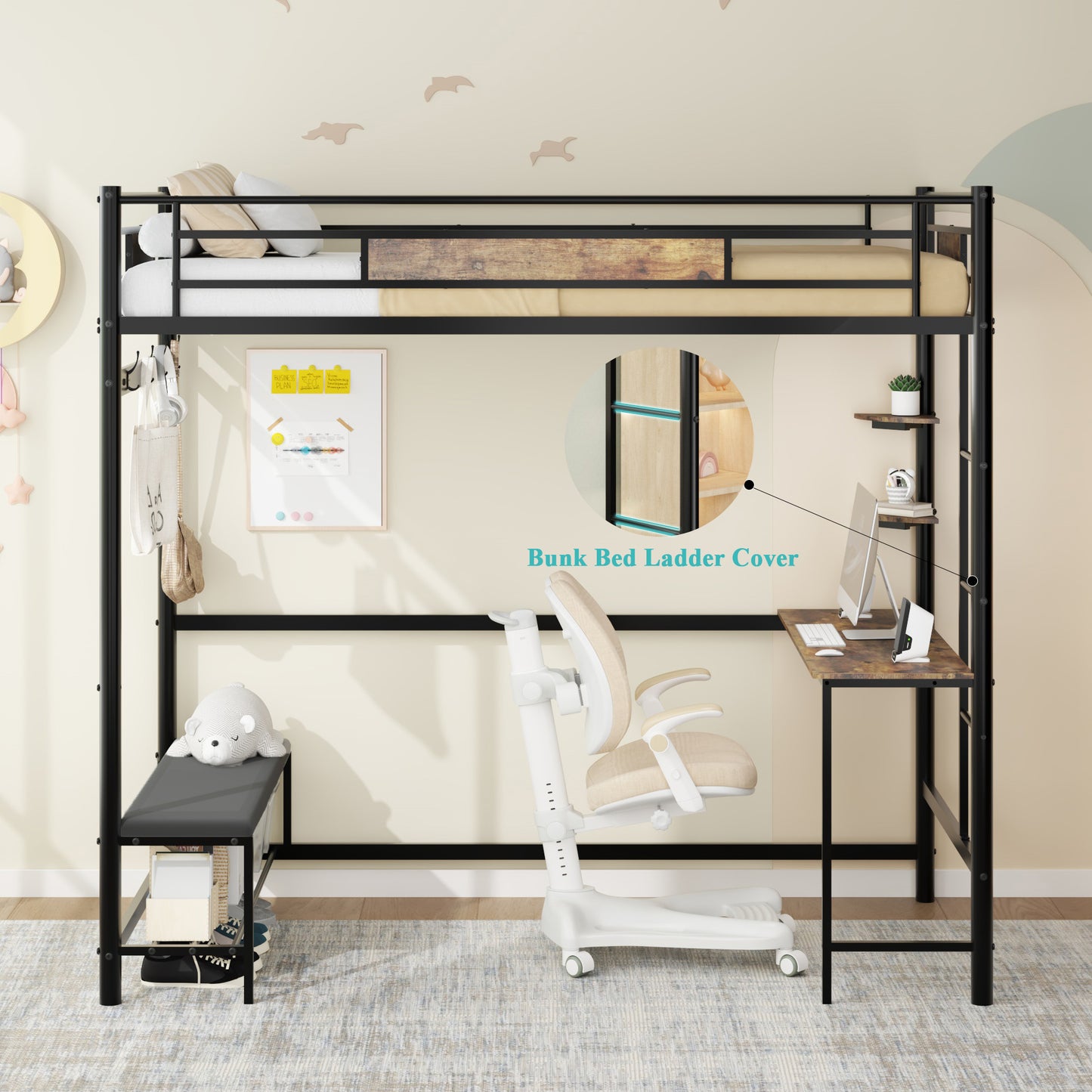Loft Bed Frame with Desk & Storage - Twin Metal Design
