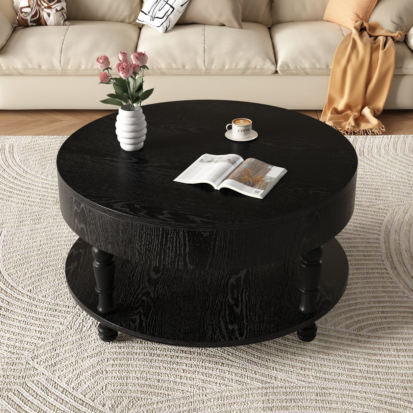 Modern Round Coffee Table with Dual Storage - Black, 31.5"