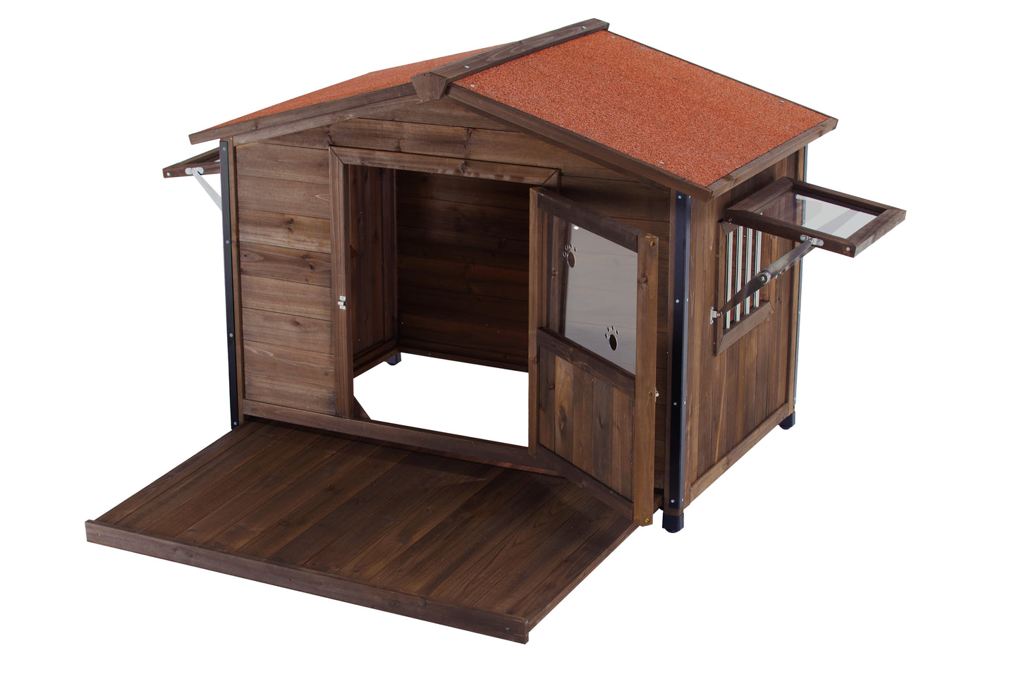 Outdoor Wooden Dog Kennel with Iron Frame and Waterproof Roof - Large