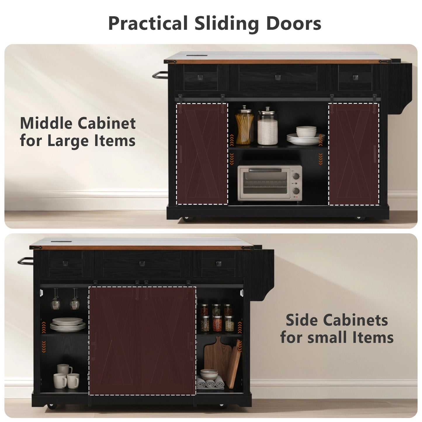 Farmhouse Kitchen Island with Storage & Rolling Wheels - Black