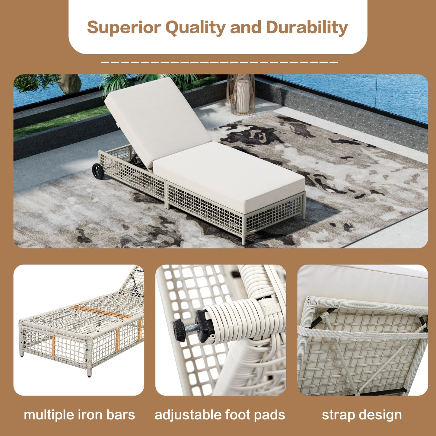 Outdoor Lounge Chair with 5-Position Backrest & Wheels - Beige Cushion