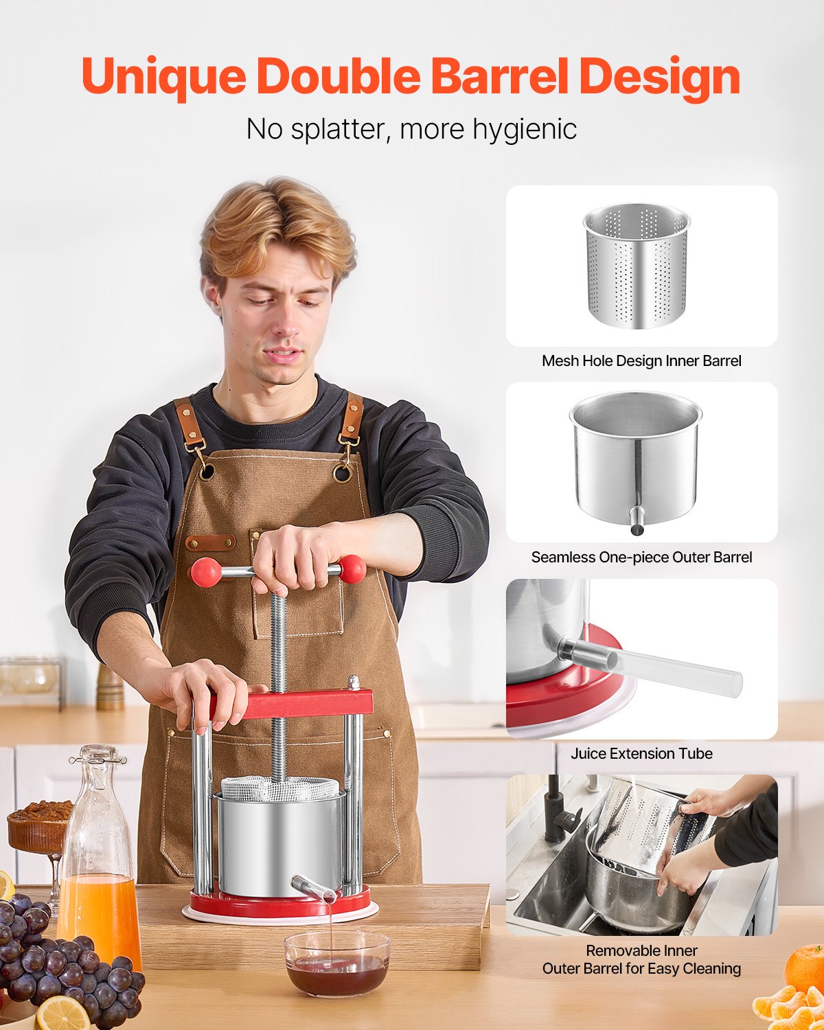 Manual Fruit Wine Press - 1.65L Stainless Steel Juicer