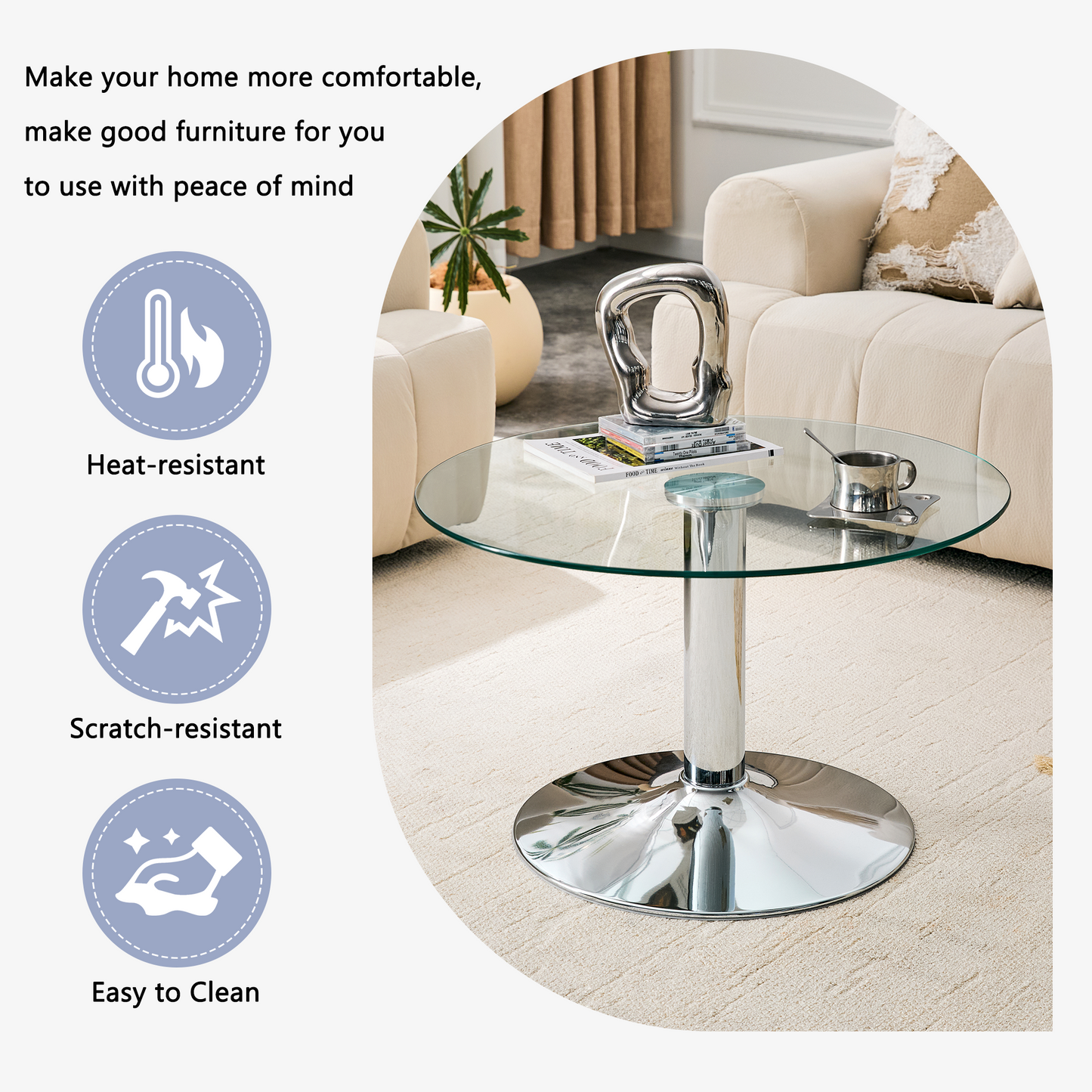 Round Tempered Glass Coffee Table - 27.5 Inch, Silver Base