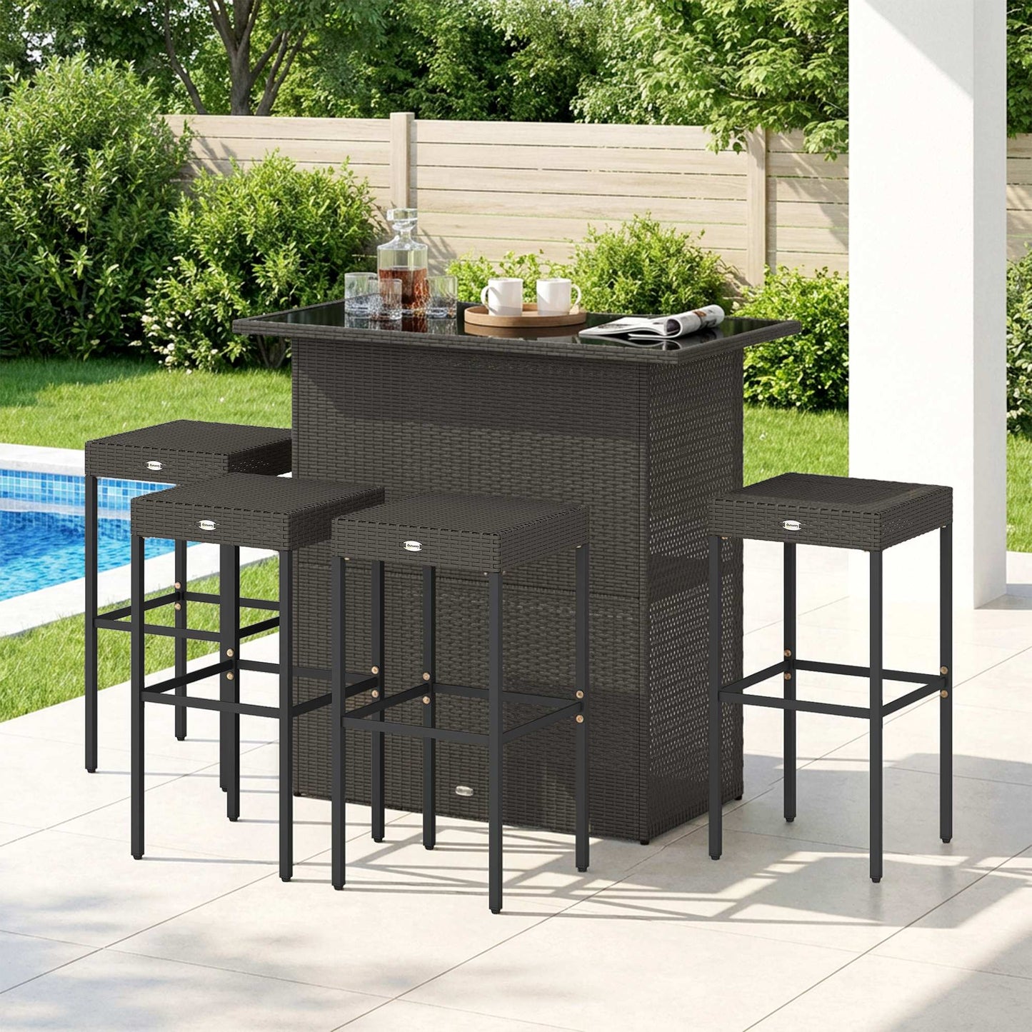 5-Piece Rattan Wicker Bar Set with Glass Table & 4 Stools - Dark Brown