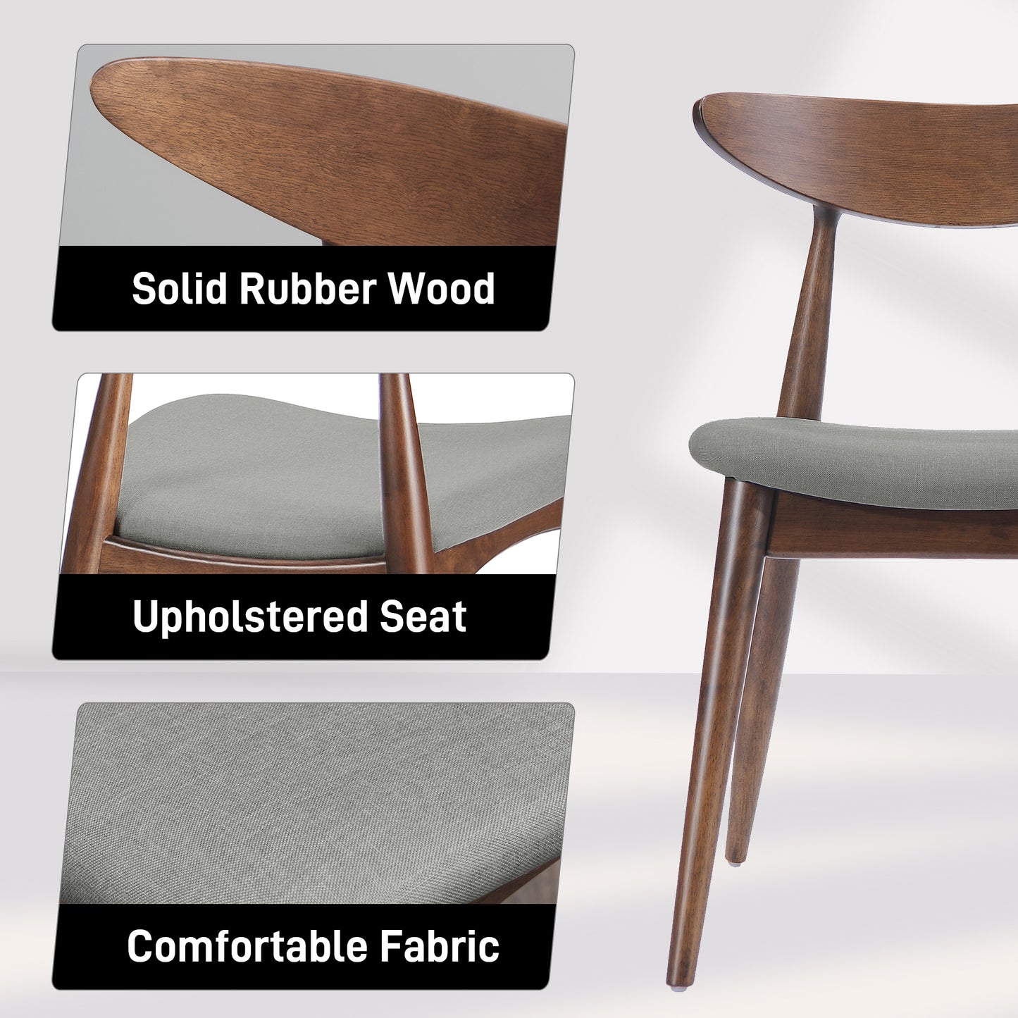 Set of 2 Retro Rubberwood Dining Chairs with Cushions - Light Gray & Walnut