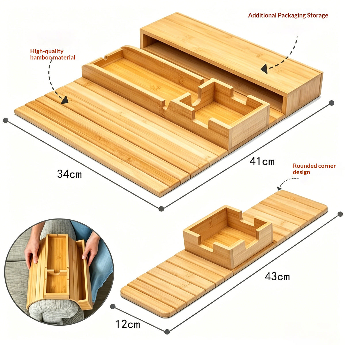Multi-Functional Bamboo Sofa Cup Holder Tray - Foldable & Portable Storage