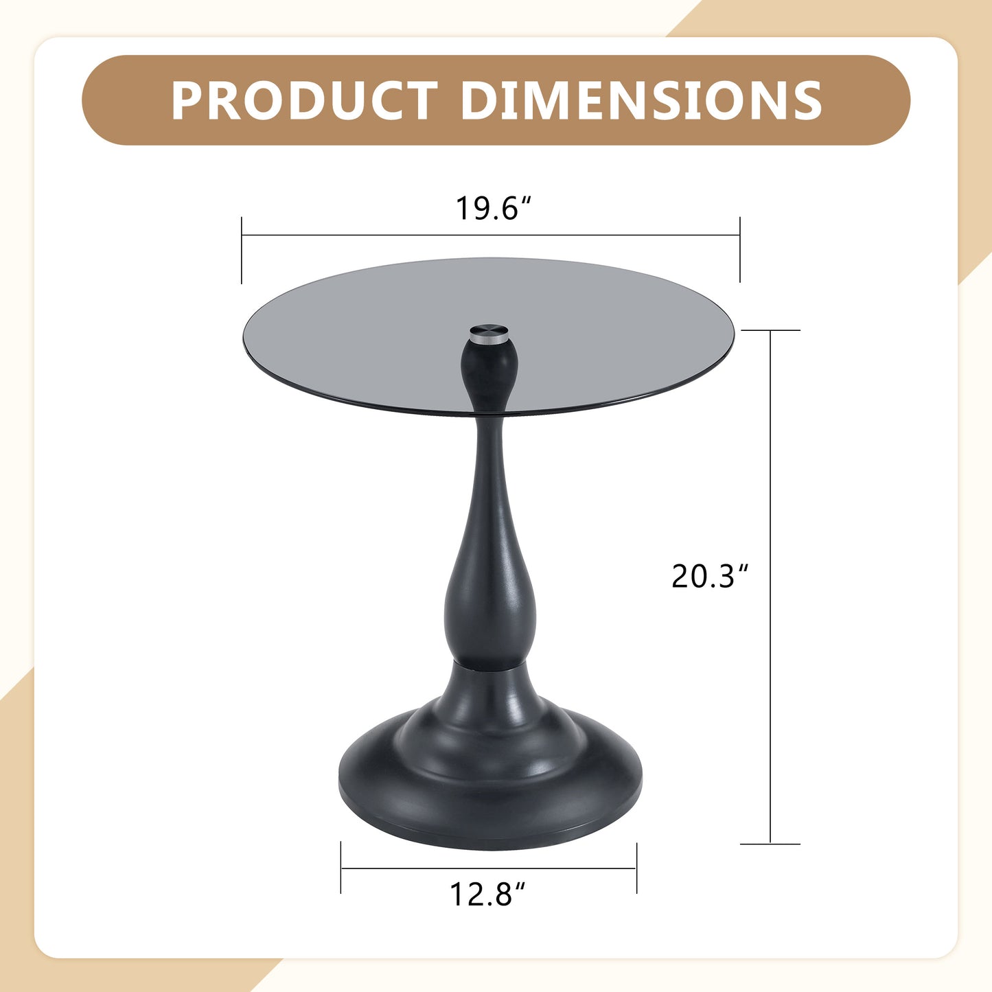 Small Vintage Matte Black Round Side Table with Glass Top