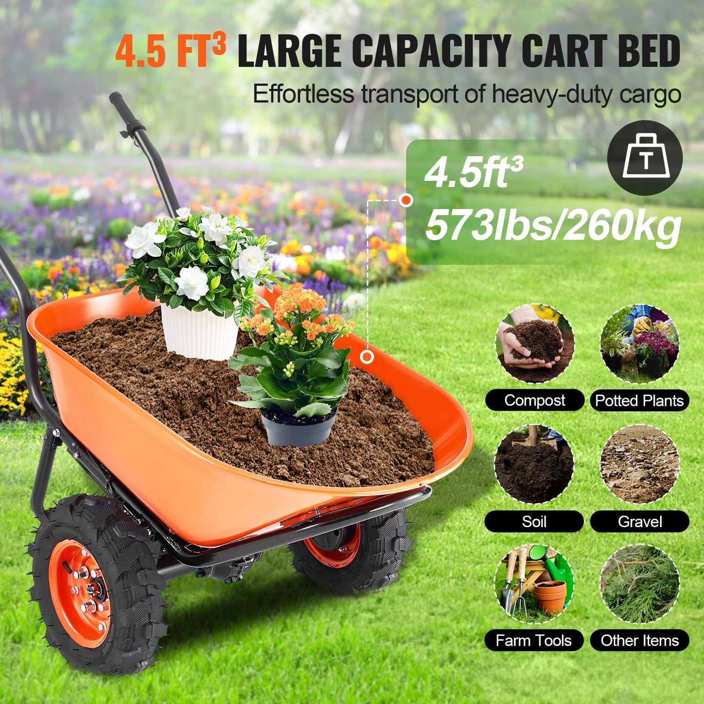 Electric Wheelbarrow Cart 500W Powered Garden Wagon with 573 Lb Capacity