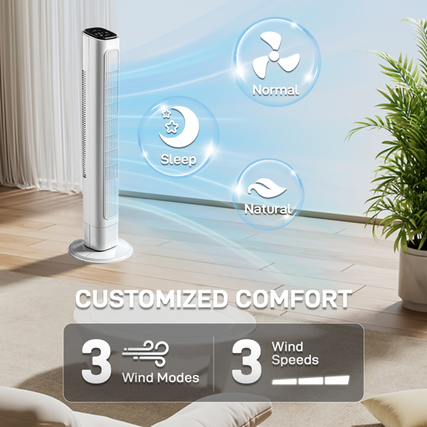 36-Inch Tower Fan with Remote Control, 3 Speeds & Oscillation - White