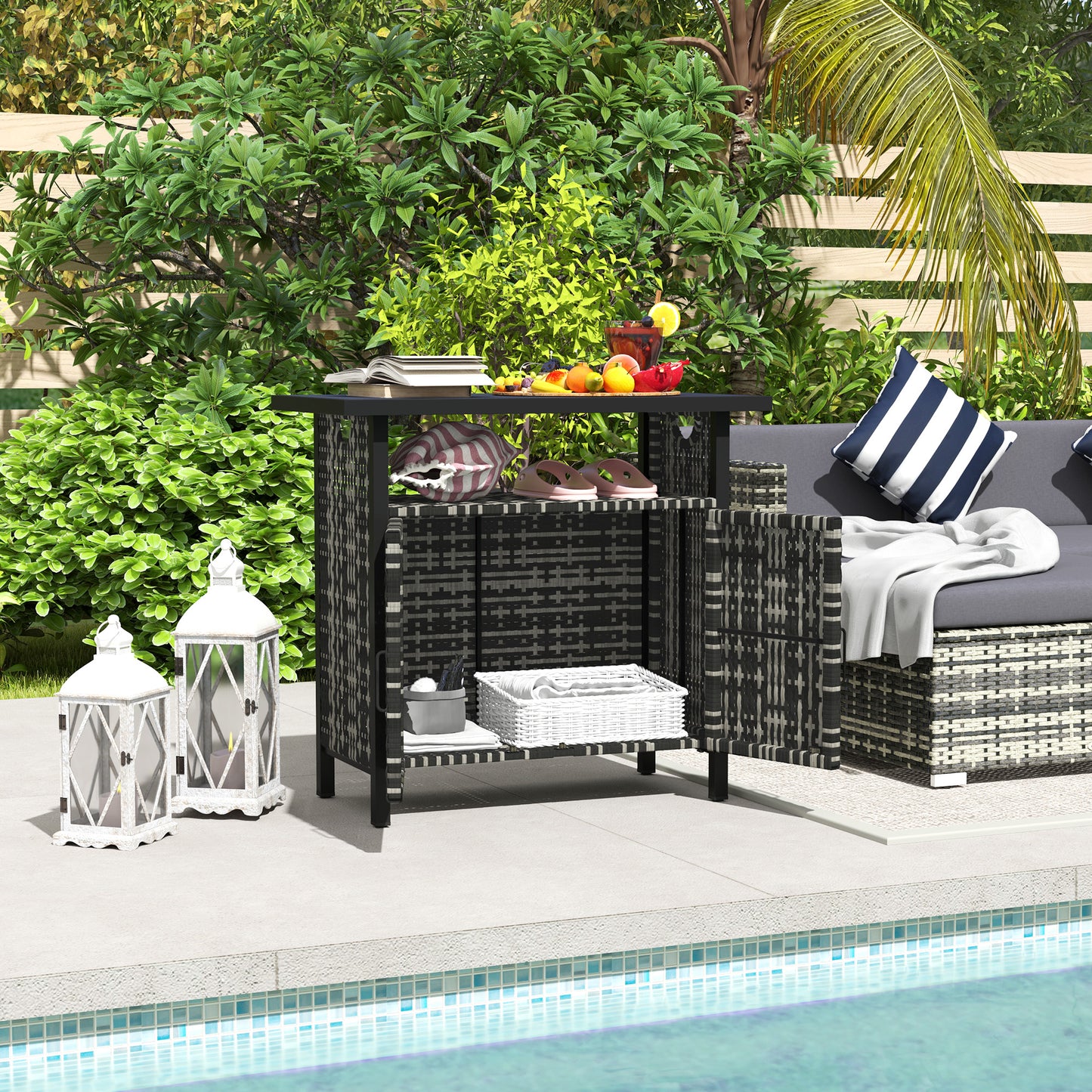 Outdoor Pool Towel Storage Cabinet Organizer, Bar Table With Shelf