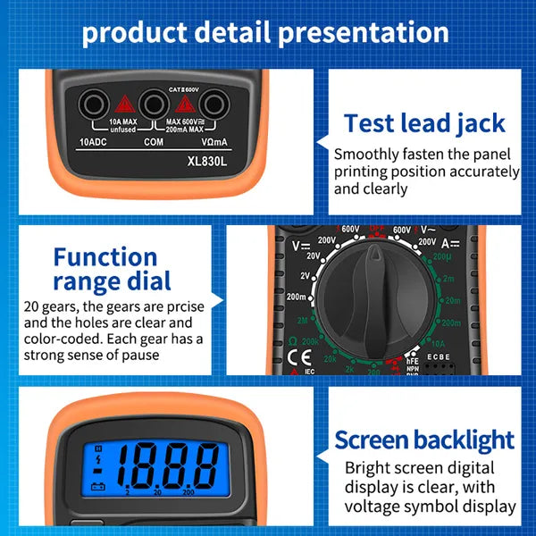 Multifunction Digital Multimeter - Handheld Voltage, Current, Resistance Tester
