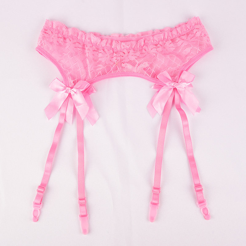Transparent Lace Garter Belt with Bow - One Size, Black, White, Red, Pink